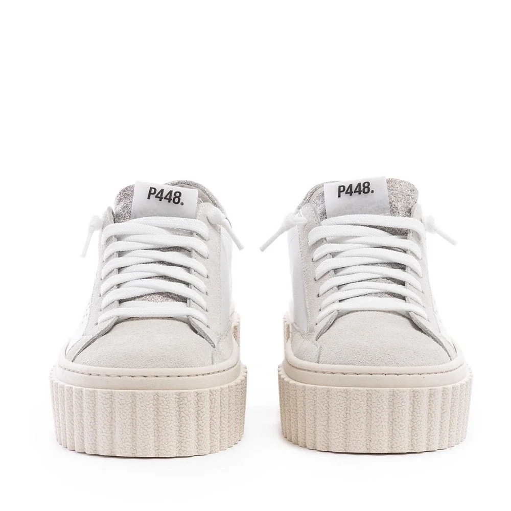 P448 Womens Creeper Platform Sneakers White‎ Pluto Leather Glitter Size 9/39